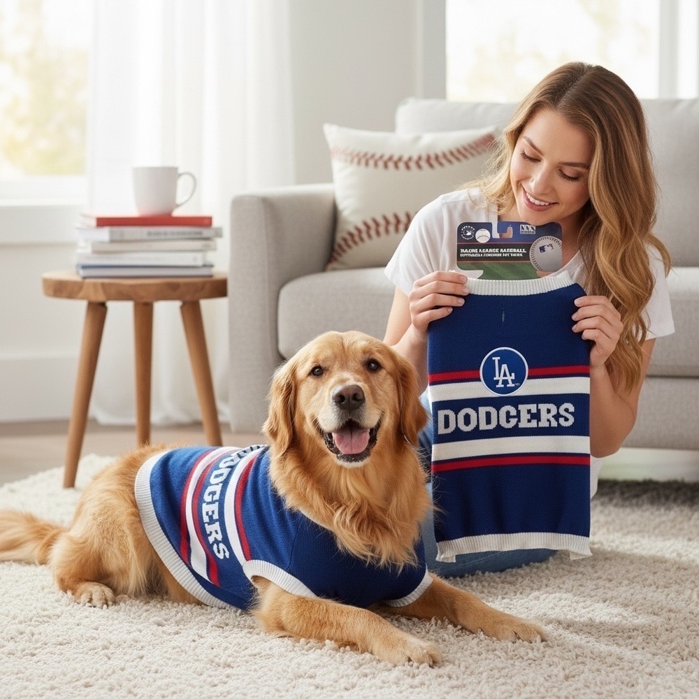 MLB Los Angeles Dodgers Dog Pet Knit Sweater Blue White Red Size Large